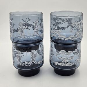 Set Of 4 Libbey On The Rocks Mary Gregory Blue Juice Glasses Children